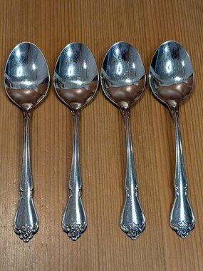 Lot (4) Oneida Rogers ARBOR ROSE TRUE ROSE Stainless 6 7/8" Oval Soup Spoon Set